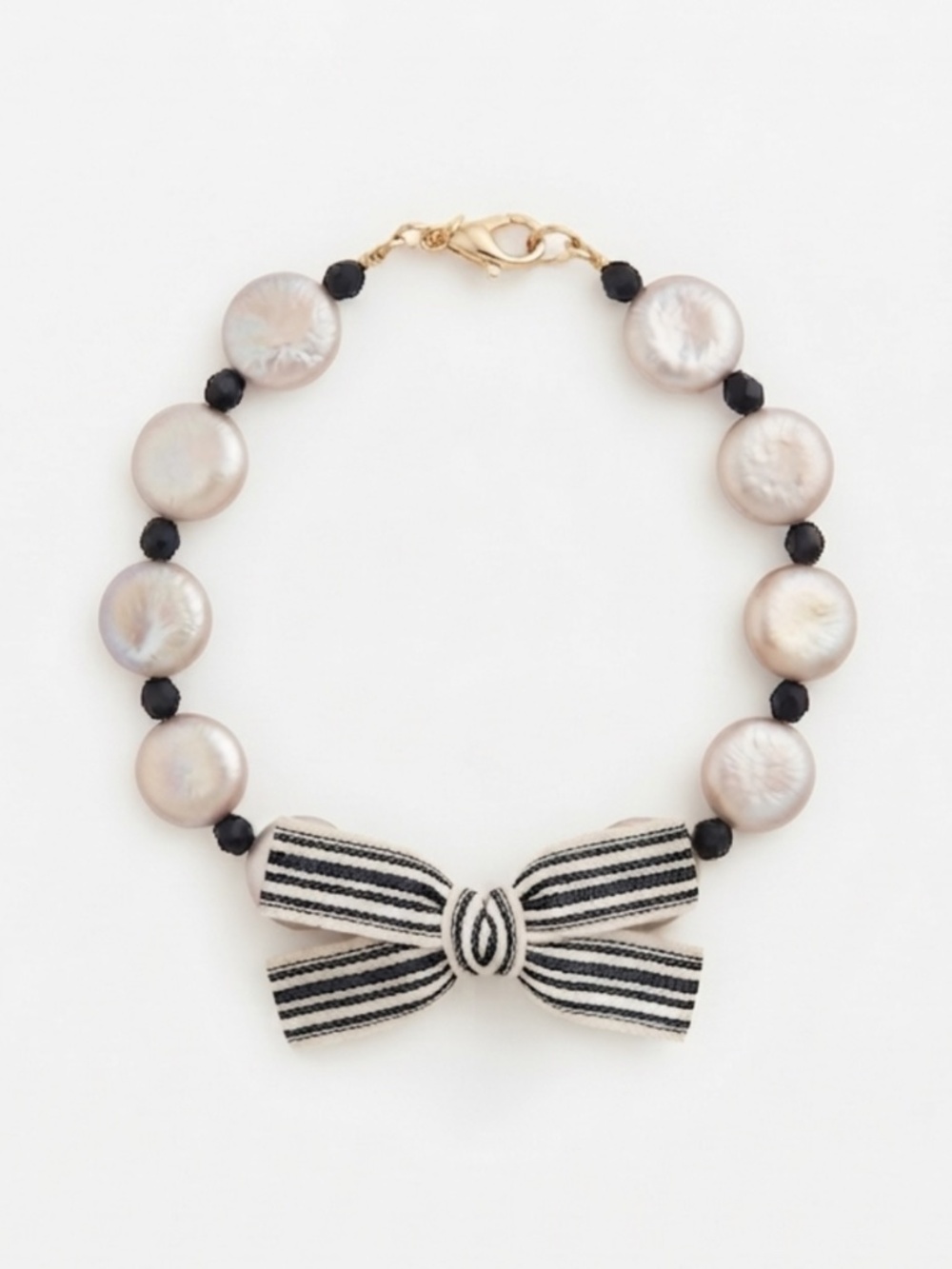 Pearl & Black Striped Bow Bracelet – Coin Pearls, Black Crystal Beads, Gold-Tone